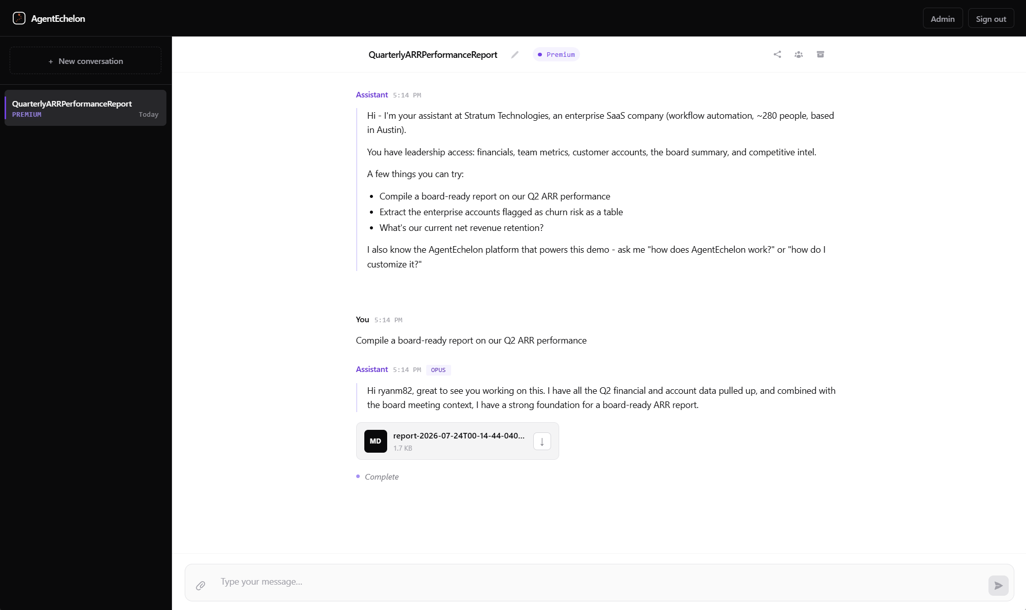Click to view full size The sample chat app: a profile-scoped assistant with task tracking and downloadable deliverables
